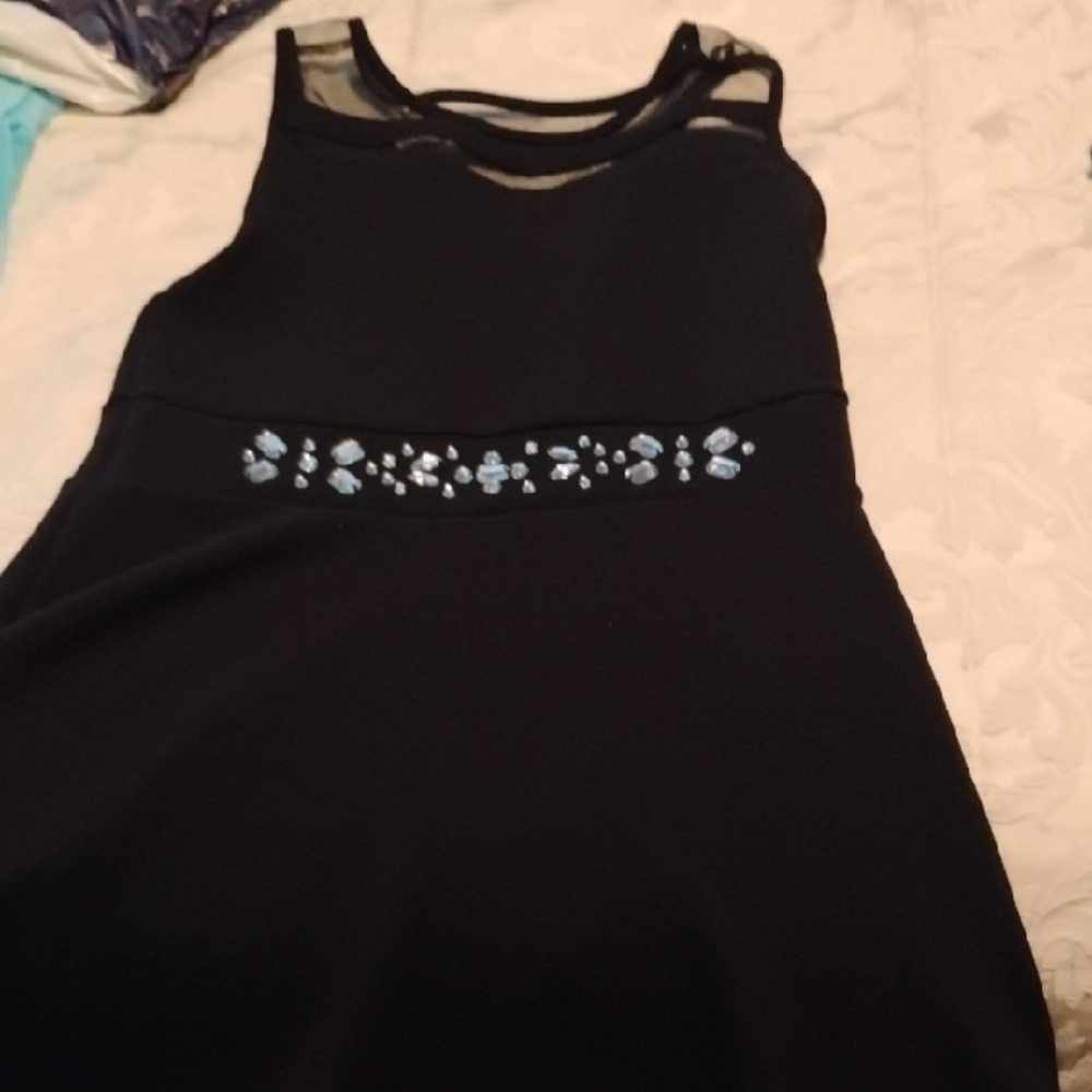 Black Dress with Sheer Neckline and Blue Embellishments